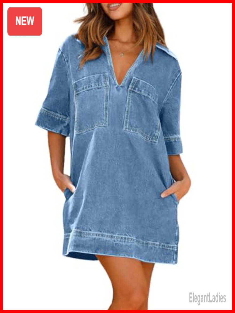 Loose Fit V-Neck Mini Denim Dress with Pockets Short Sleeve